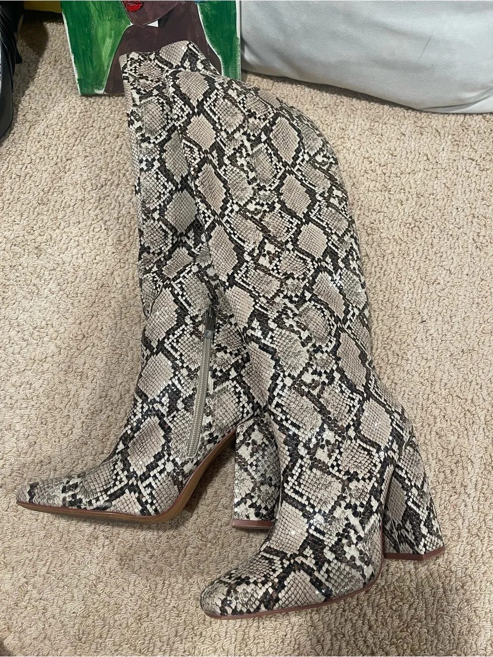 Zara Snake Print Knee-High Block Heel Boots - Neutral